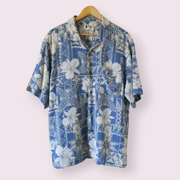 VINTAGE SILK Blue Hawaiian Shirt Size XL Waffle Textured Lightweight Casual - Picture 7 of 8